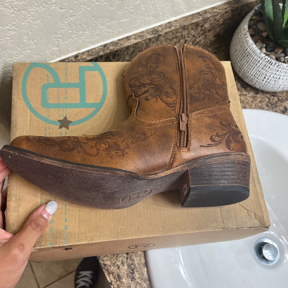 Roper Brown Ankle Boots with Floral Design